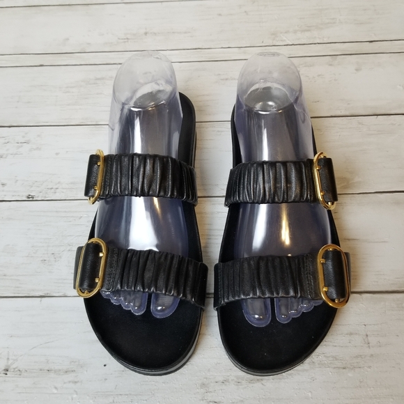 Stuart Weitzman Shalene Leather Black Ruched Strap Slide Sandals - Picture 3 of 11